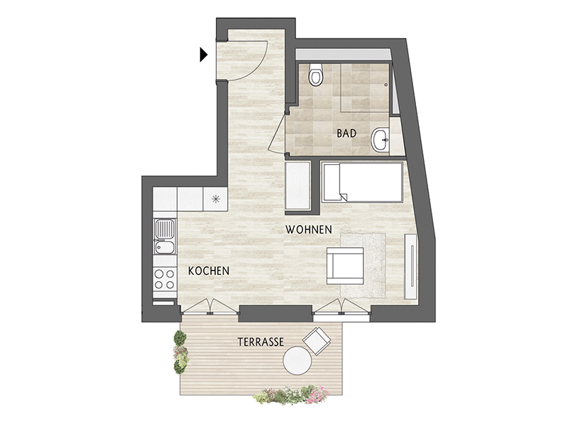 Wohnbeispiel 1: 1-Raum-Wohnung, ca. 35,80 qm