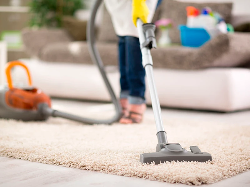 DSW24 – Dresder Servicewohnen GmbH – Hilfe im Haushalt Jemand staubsaugt einen gefransten Teppich vor einem Sofa.
